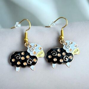 Whimsical Sheep Dangle Earrings – Black & Gold Enamel